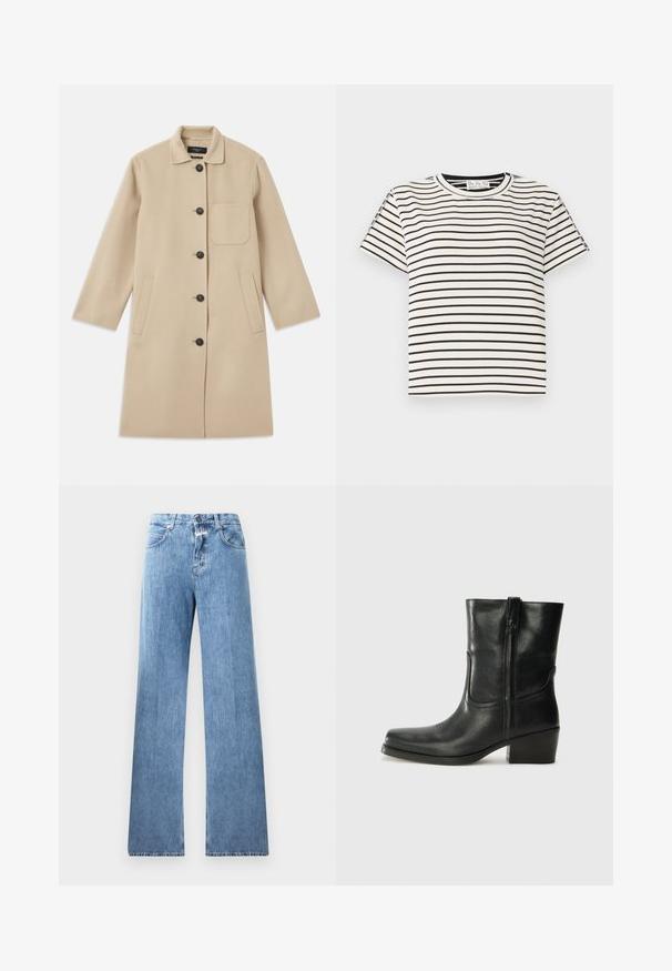 Beež villane mantel pika varrukaga, nööbiga kinnitamine, üks rinnatasku ja kaks küljetaskut. Tekstureeritud kangas ja ümar kaelus.; Puuvillane lühikeste varrukatega T-särk, ümarate kaelustega, millel on mustad vertikaalsed triibud valgel taustal ja sirge lõige.; Heledad denim-jedid, millel on lai jalg, viis taskut, vööloopid ning nupuga sulgemine. Kangas on sileda tekstuuriga.; Musta nahast pahkluu saabas ümarate varvastega, plokknäppu, külgsepa ja pealsetel õmblusest aktsentidega. Sile tekstuur, klassikaline disain.