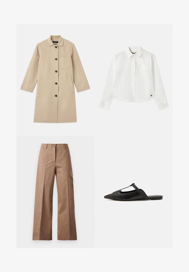 Cappotto in lana beige con maniche lunghe, chiusura a bottoni, tasca sul petto singola e due tasche laterali. Tessuto strutturato e design con colletto rotondo.; Camicia bianca a maniche lunghe e taglio corto in cotone. Presenta una chiusura con bottoni sul davanti, una tasca sul petto e un piccolo logo nero in basso a sinistra.; Pantaloni larghi marroni realizzati in un tessuto morbido, con chiusura frontale con bottone, due tasche anteriori e linee pulite e sartoriali.; Scarpa slingback in pelle nera con punta appuntita, con un dettaglio intrecciato e un design superiore plissettato. Suola piatta con hardware minimale.