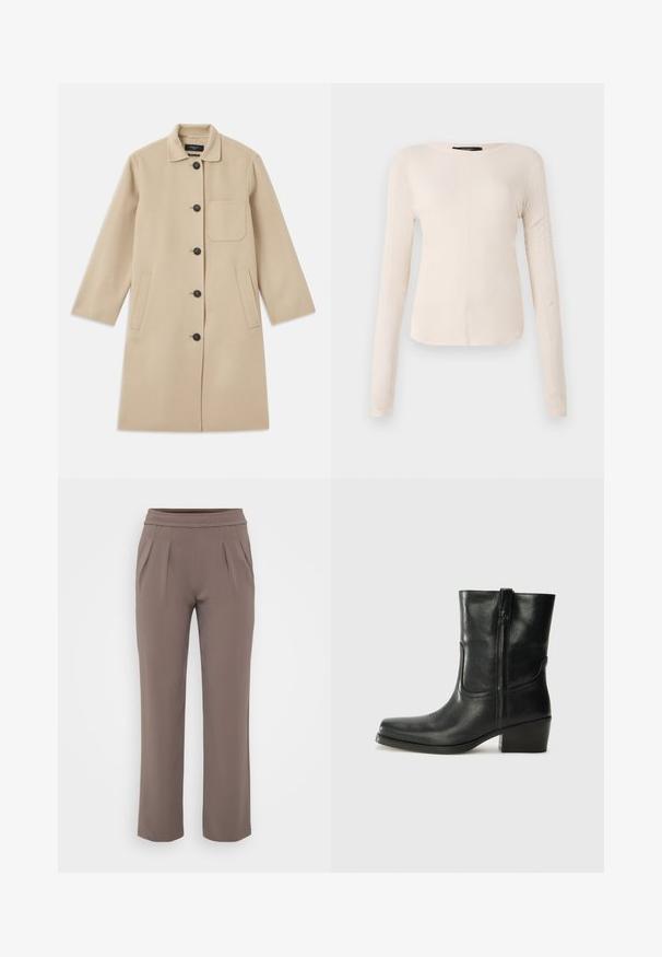 Beige wol coat met lange mouwen, knoopsluiting, één borstzak en twee zijzakken. Geraffineerde stof en ontwerp met ronde kraag.; Langsleeve, lichtbeige top met een ronde halslijn. Gemaakt van zachte stof, heeft een centrale naad en een iets gebogen rand. Geen zichtbare hardware.; Taupe losvallende broek met elastische tailleband en voorplooien, gemaakt van zachte stof.; Zwarte leren enkellaars met een ronde neus, blokhak, zijrits en stikselaccenten op de wreef. Gladde textuur, klassiek ontwerp.