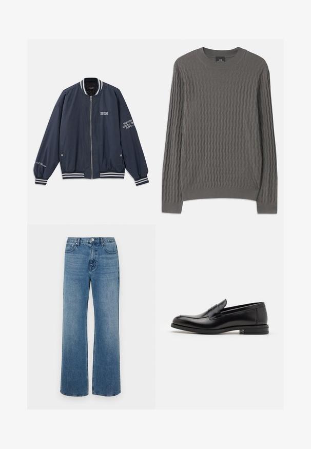 Mornarska bomberska jakna z belimi črtami, z zadrgo in vezenim besedilom na prsih in rokavih. Izdelana iz gladkega blaga.; Armani Exchange Pulover - dark gull zig zag; Modri široki jeans iz denima z izbledelim zaključkom. Imajo pet žepov, sprednje zapiranje na gumb in ravno krojenje.; Črne usnjene loafer čevlje z gladko teksturo, zaobljenim nosom in dekorativnim trakom čez zgornji del. Nizka zložena peta, minimalističen dizajn.