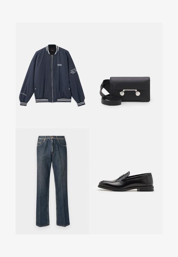 Jūras spēku bumbas jaka ar baltām svītrām, ar rāvējslēdzēju un izšūtu tekstu uz krūtīm un piedurknēm. Izgatavota no gludas auduma.; Krēms krāsas adīts džemperis ar polo apkakli, ribotām piedurknēm un apakšmalu, ar priekšējo atdari un mīkstu tekstūru.; Tumši zili taisni džinsi ar priekšējo pogu, rāvējslēdzēju, dubultajām priekšējām kabatām un redzamām vertikālām krokām pa kājām.; Melnas ādas kurpes ar gludu tekstūru, noapaļu purngalu un dekoratīvu siksniņu pāri priekšpusei. Zems sakrauts papēdis, minimālisma dizains.; Melna ādas crossbody soma ar atloku aizdari, sudraba toņu aparatūru un divām apaļām detaļām. Iespējams noņemt siksnu. Gluda tekstūra.