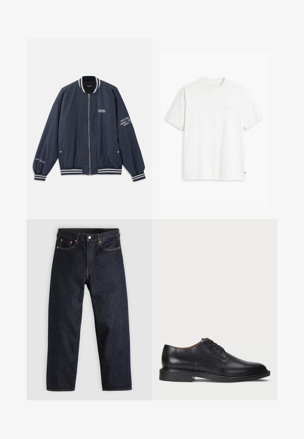 Navy bomber jacket with white stripe accents, zip closure, and embroidered text on the chest and sleeves. Made of smooth fabric.; White cotton t-shirt with short sleeves, round neckline, and a subtle "Levi's" logo printed in light color on the front.; Dark blue denim jeans with a straight cut, five pockets, contrasting orange stitching, and a button fly. No visible patterns or embellishments.; Black leather dress shoe with a round toe, lace-up design, and a low stacked heel. Smooth texture with minimal stitching details.