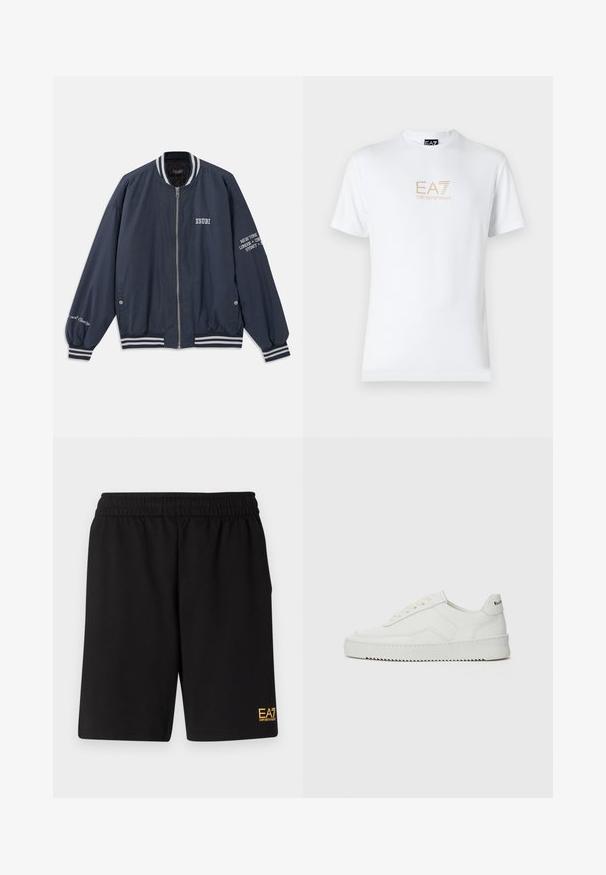 Jachetă de bombardier navală cu accente din dungi albe, închidere cu fermoar și text brodat pe piept și pe mâneci. Fabricată din material neted.; Tricou alb din bumbac, cu guler rotund și mâneci scurte, având un logo auriu EA7 Emporio Armani imprimat pe față.; Shorts atletici negri dintr-un material moale, având o talie elastică și un mic logo galben EA7 pe partea inferioară a piciorului stâng.; Sneakers din piele albă cu un finisaj neted, vârf rotund, șireturi plate și o talpă texturată. Prezintă un logo subtil pe călcâi.