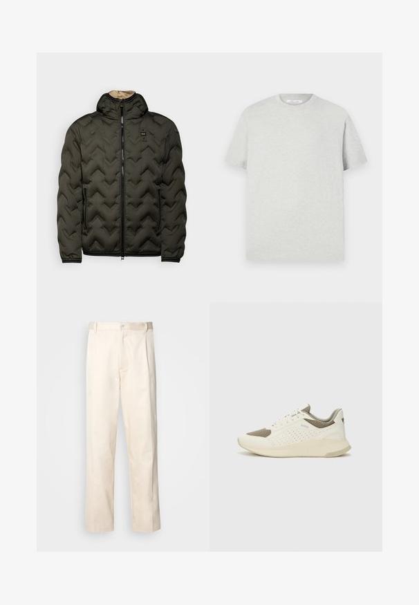 Giubbotto imbottito verde oliva scuro con cappuccio, caratterizzato da un motivo a zigzag, chiusura frontale con cerniera e tasche laterali. Design leggero e isolato.; T-shirt grigio chiaro a maniche corte realizzato in materiale morbido, con collo rotondo e vestibilità comoda, privo di motivi o accenti visibili.; Pantaloni in cotone beige con taglio dritto, dotati di chiusura a bottone e pence sul davanti per un tocco di dettaglio in più.; Sneaker atletica bianca e beige chiaro, con tomaia in mesh, dettagli perforati e una suola intermedia texturizzata con marchio sul tallone.