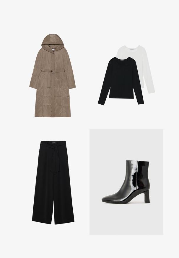 Heledikapp tumepruunis, varustatud kapuutsiga, vöökoha ja vertikaalse tikandimustriga. Sile tekstuur ja eesmine tõmblukk on kaasas.; Kaks pikka varrukatoppi, üks must ja teine valge, mõlemad ruudukujulise kaelusega ja valmistatud pehmest, venivast kangast.; Mustad laiad püksid, millel on tekstureeritud kangas, elastne vöökoht ja eemaldatav pael vööst, et reguleerida sobivust.; Must-sinine nahkjalats musta läikiva viimistlusega, millel on terav nina ja keskmise kõrgusega plokk konts. Sile tekstuur ja minimalistik disain.