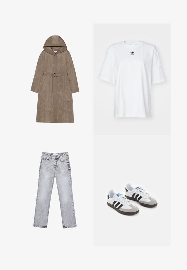 Puffjakke i lys brun, med hætte, bælte i taljen og lodret quiltet mønster. Glat tekstur og lynlås foran.; Hvid kortærmet t-shirt lavet af bomuld. Har en rund halsudskæring og et lille sort Adidas-logo på brystet. Lige skåret kant.; Grå denim jeans med lige ben, distressed detaljer, fem lommer og kobbernitter. Taljebåndet har et logomærke.; Sportsko med en overdel i hvid læder, grå ruskind på tåen og tre sorte striber. Har et blåt logo på tungen og en struktureret gummisål.
