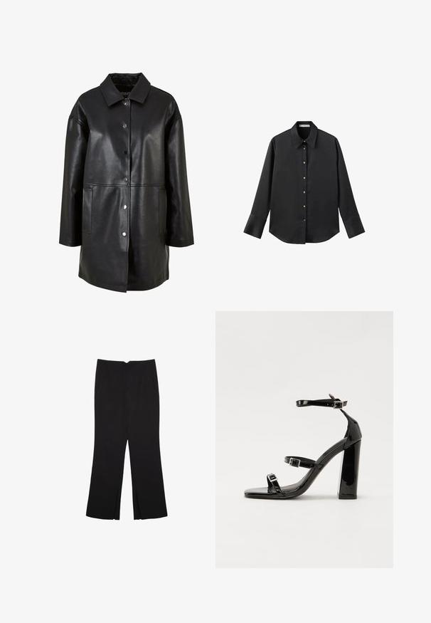 Cappotto di pelle nera con un colletto, bottoni a pressione, tasche laterali e un design morbido e aderente con una trama liscia.; Maglietta nera a maniche lunghe in tessuto morbido, con colletto classico, chiusura frontale con bottoni dorati e polsini ampi.; Pantaloni neri a gamba dritta, con tasche frontali e spacchi laterali all'orlo. Realizzati in tessuto morbido e liscio. Adatti a diverse occasioni.; Sandali con tacco in vernice nera, con punta squadrata, cinturini alla caviglia e fibbie in argento. Presentano un tacco a blocco spesso per maggiore stabilità.