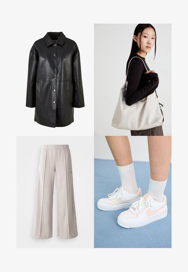 Juodas odinis paltas su apykakle, snap tipo sagomis, šoninėmis kišenėmis ir laisvu kirpimu su glotnia tekstūra.; Du du švarkai: vienas baltas su drugelio siuvinėjimu, kitas juodas su vyšnių siuvinėjimu. Abu su apvaliais iškirpimais ir trumpomis rankovėmis.; Šviesiai pilki plačių kojų kelnės, pagamintos iš lygaus audinio. Turi elastingą juosmenį ir juodą Nike logotipą kairėje pusėje.; Balti sportbačiai su persikų akcentais, lygus odinis paviršius, perforuota nosis, tekstūruotas padas ir raišteliai. Dėvimi su baltais džinsiniais kojinėmis ant mėlynos paviršiaus.; Bežinė rankinė, pagaminta iš minkštos medžiagos, turinti laisvą dizainą, siuvinėtas detalės ir dvi petnešos. Tinkama kasdieniam naudojimui.