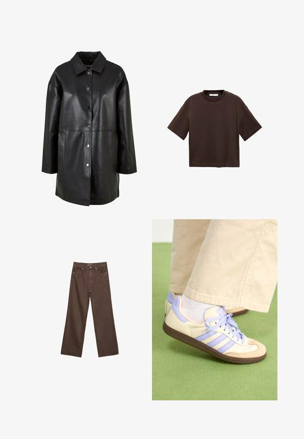 Crni kožni kaput s okovratnikom, dugmadi na kopčanje, bočnim džepovima i slobodnim krojem te glatkom teksturom.; Smeđi kratki rukav majica od mekog pamuka. Ima okrugli izrez i širok kroj, s glatkom teksturom i bez vidljivih uzoraka.; Proširene smeđe traperice od denima, s visokim strukom, prednjim džepovima i klasičnom kopčom na dugme. Glatka tekstura s suptilnim šavovima.; Kremasto-ljubičaste tenisice s tri pruge i strukturiranim smeškim potplatom, s vezicama i podstavljenim petom. Mekana gornja tkanina.