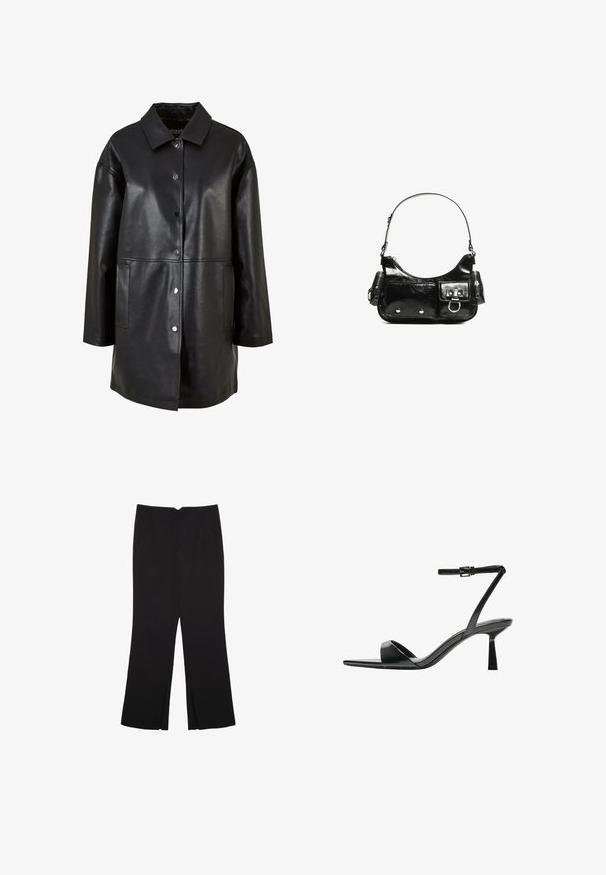 Čierny kožený kabát s golierom, patentkami, bočnými vreckami a voľným strihom s hladkým povrchom.; Čierny dlhý rukáv skrátený top s okrúhlym výstrihom, jednofarebný dizajn a mierne zakrivený lem.; Čierne nohavice so strihom rovného strihu, s prednými vreckami a bočnými rozparkami na leme. Vyrobené z mäkkej, hladkej tkaniny. Vhodné na rôzne príležitosti.; Bershka Sandále na vysokom opätku - black; Čierna laková kožená kabelka s ohnutým tvarom, jedným ramenným popruhom, prednými vreckami a striebornými kovovými doplnkami.