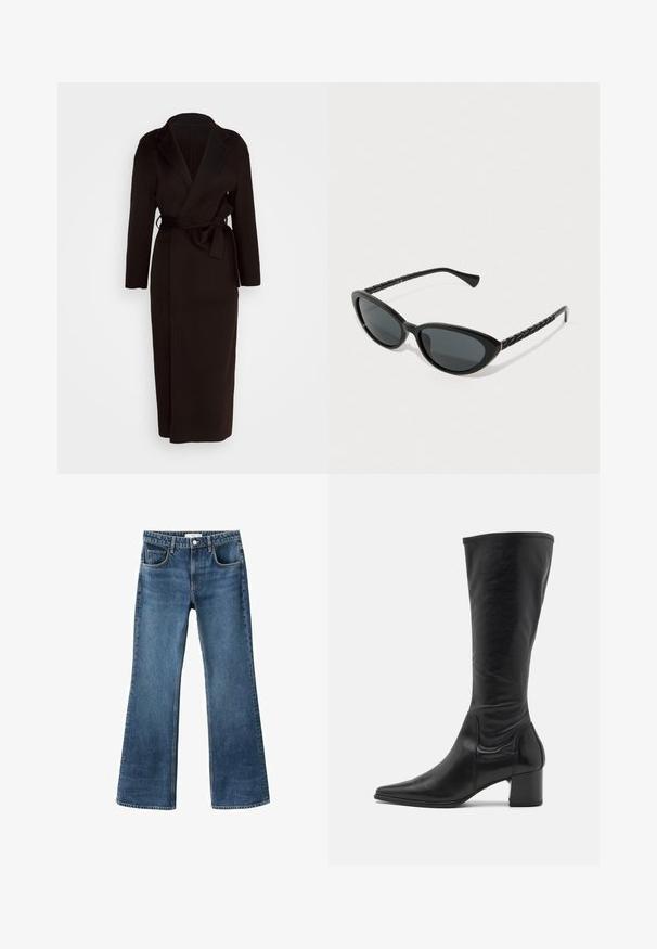 Czarny płaszcz z miękkiego materiału, posiadający szalowy kołnierz, długie rękawy i pasek do samodzielnego zawiązania w talii. Długość do ziemi.; Burgundowa sweter wykonany z miękkiego, puszystego materiału. Okrągły dekolt, ściągacze przy mankietach i na dole. Luźny krój z minimalną ilością szwów, zapewniający przytulny wygląd.; Biała koszulka z krótkim rękawem, wykonana z bawełny. Posiada okrągły dekolt i luźny krój. Gładka faktura bez widocznych wzorów czy akcentów.; Niebieskie dżinsy z szerokimi nogawkami, średnim stanem, pięcioma kieszeniami i postarzanym wyglądem. Wykończone nogawki i klasyczne zapięcie na guzik.; Czarne skórzane botki do kolan z wąskim czubkiem, minimalną ilością szwów i masywnym kwadratowym obcasem. Gładka faktura z błyszczącym wykończeniem.; Czarne okulary w kształcie kociego oka z ciemnymi szkłami, z teksturowanymi czarnymi zausznikami i subtelnym złotym akcentem na oprawie.