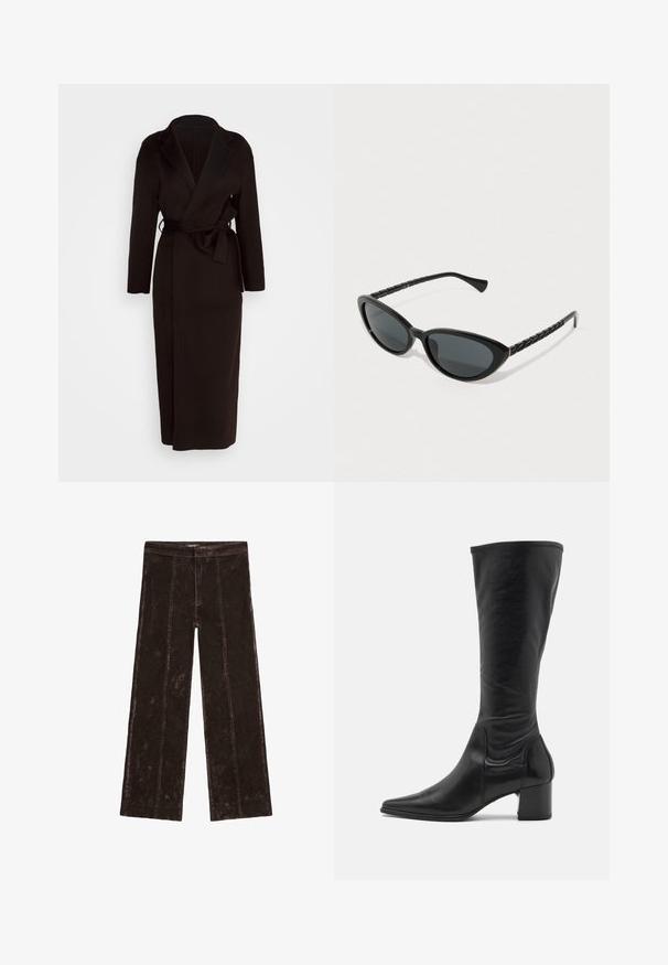 Czarny płaszcz z miękkiego materiału, posiadający szalowy kołnierz, długie rękawy i pasek do samodzielnego zawiązania w talii. Długość do ziemi.; Burgundowa sweter wykonany z miękkiego, puszystego materiału. Okrągły dekolt, ściągacze przy mankietach i na dole. Luźny krój z minimalną ilością szwów, zapewniający przytulny wygląd.; Spodnie o szerokich nogawkach w ciemnym brązie, z teksturą przypominającą zamsz, z pionowymi szwami oraz elastycznym pasem dla wygody.; Czarne skórzane botki do kolan z wąskim czubkiem, minimalną ilością szwów i masywnym kwadratowym obcasem. Gładka faktura z błyszczącym wykończeniem.; Czarne okulary w kształcie kociego oka z ciemnymi szkłami, z teksturowanymi czarnymi zausznikami i subtelnym złotym akcentem na oprawie.