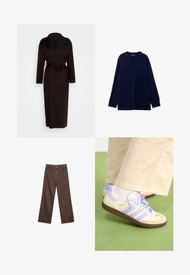 Černý kabát z měkké tkaniny se šálovým límcem, dlouhými rukávy a opaskem na zavázání v pase. Délka až na zem.; Námořnická modrá pletená svetr s kulatým výstřihem a dlouhými rukávy. Má volný střih a žebrovaný lem. Měkká textura s minimálními detaily.; Hnědé džíny s širokými nohavicemi vyrobené z denimu, s vysokým pasem, předními kapsami a klasickým zapínáním na knoflík. Hladká textura s jemným švem.; Krémové a levandulové tenisky se třemi pruhy a texturovanou hnědou podrážkou, vybavené tkaničkami a polstrovanou patou. Měkký textilní svršek.