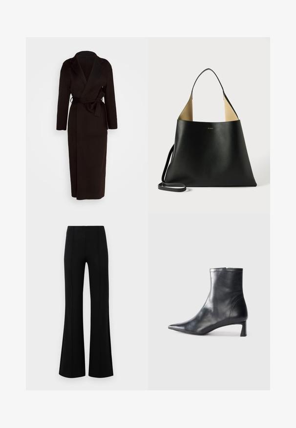 Mustmust tumeel, pehmeast kangast, shawl-krae, pikad varrukad ja enda sidumisvöödega taljes. Põrandani ulatuv disain.; Mustmusterta mustaga pikkade varrukatega kõrge kaelusega sviiter, millel on ribakudumisega mansetid ja äär, esitatud lihtsal valgel taustal.; Mustad põlvpüksid kõrge vöökohaga, valmistatud venivast kangast. Esiküljel on vertikaalsed õmblusdetailid ja sile tekstuur.; Mustad mustall nahkasaabas terava nina ja stiilse disainiga. Omab madalat konts ja luku sulgemist taga. Sile tekstuur.; Must lilla nahkakott, millel on avar ja nurgaine disain. Omab kontrastset pruuni sisekujundust ja õhukest õlavarre rihma. Minimalistlik brändimine.