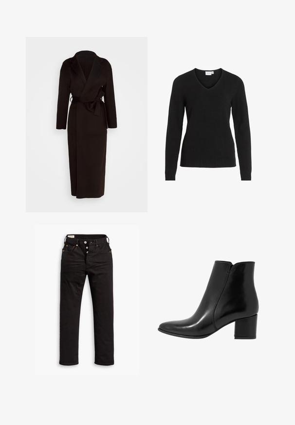 Black wrap coat made of soft fabric, featuring a shawl collar, long sleeves, and a self-tie belt at the waist. Floor-length design.; Black V-neck sweater made of soft fabric, featuring long sleeves, ribbed hem and cuffs, with a simple and classic design.; White short-sleeve t-shirt, crew neck, made of soft, smooth cotton fabric, with a straight hem and minimal detailing. Plain and versatile design.; Black straight-leg jeans with button fly, front and back pockets, and copper rivet details on a white background.; Anna Field LEATHER - Classic ankle boots - black