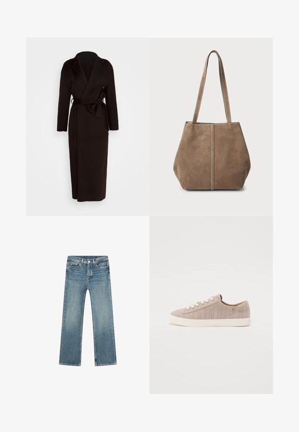 Zwarte wikkeljas van zachte stof, met een sjawlboord, lange mouwen en een zelfstrikriem in de taille. Lange jurk.; Beige gebreide trui met een ronde hals, geribde manchetten en zoom. Zachte textuur en relaxed fit, geschikt voor casual draag.; Lichtblauwe denim jeans met een rechte snit, vijf zakken ontwerp en contrasterende stiksels. Voorzien van een ritssluiting en metalen knoopsluiting.; Lichtbeige canvas sneaker met een gestructureerd oppervlak, ronde neus, witte oogjes en een crèmekleurige rubberen zool. Minimalistisch ontwerp met subtiele accenten.; Bruine suède schoudertas met twee lange handvatten, verticale naaddetails aan de voorkant en een zachte textuur. Ruimtelijk ontwerp dat geschikt is voor dagelijks gebruik.