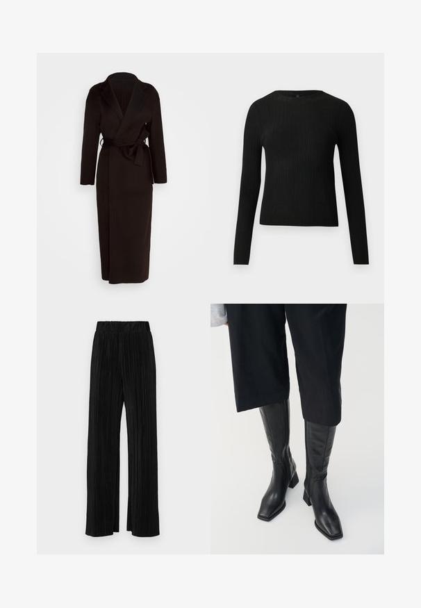 Black wrap coat made of soft fabric, featuring a shawl collar, long sleeves, and a self-tie belt at the waist. Floor-length design.; Black ribbed long-sleeve fitted sweater with a round neckline, displayed against a plain light background.; Black pleated trousers with an elastic waistband. Features wide legs and a smooth, textured fabric with vertical stripes.; Black leather knee-high boots with a square toe and a block heel. Features a side zipper and smooth texture.