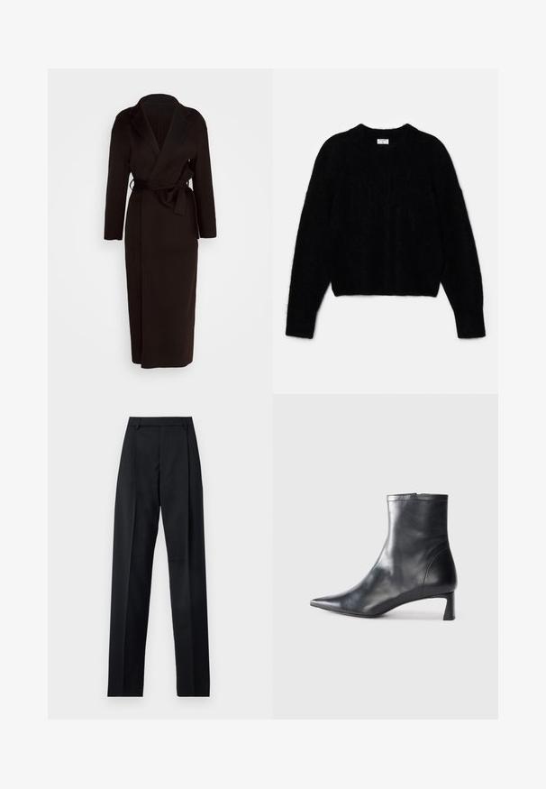 Palton negru dintr-un material moale, cu guler tip șal, mâneci lungi și curea care se leagă singură la talie. Design până la podea.; Pulover scurt negru, confecționat dintr-un material pufos. Are un decolteu rotund și mâneci lungi cu o textură moale. Design minim, fără modele.; Pantaloni negri dintr-un material neted, cu talie înaltă, picioare largi, pliuri frontale și loop-uri clasice pentru curea. Fără buzunare laterale vizibile.; Cizmă de gleznă din piele neagră cu vârf ascuțit și un design elegant. Dispune de un toc mic și de o închidere cu fermoar la spate. Textură netedă.