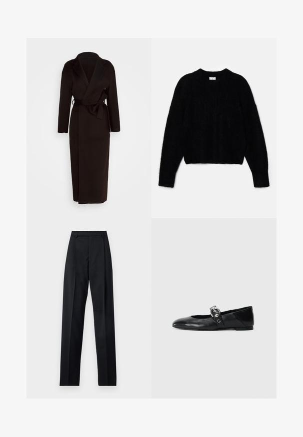 Melnas apvalka mētelis, kas izgatavots no mīksta auduma, ar šalli, garām piedurknēm un pašsaiņojošu jostu jostasvietā. Grīdas garuma dizains.; Melnas īsās džemperis, izgatavots no pūkaina materiāla. Ir apaļa kakla izgriezums un garas piedurknes ar maigu tekstūru. Minimāls dizains, bez rakstiem.; Melnas bikses, izgatavotas no gludas auduma, ar augstu vidukli, platiem bikšu galdniekiem, priekšējiem krokām un klasiskām jostu cilpām. Sānu kabatas nav redzamas.; Melnas ādas baleta kurpes ar smailu purngalu, ar siksniņu ar apaļu metāla sprādzi un platu zoli.