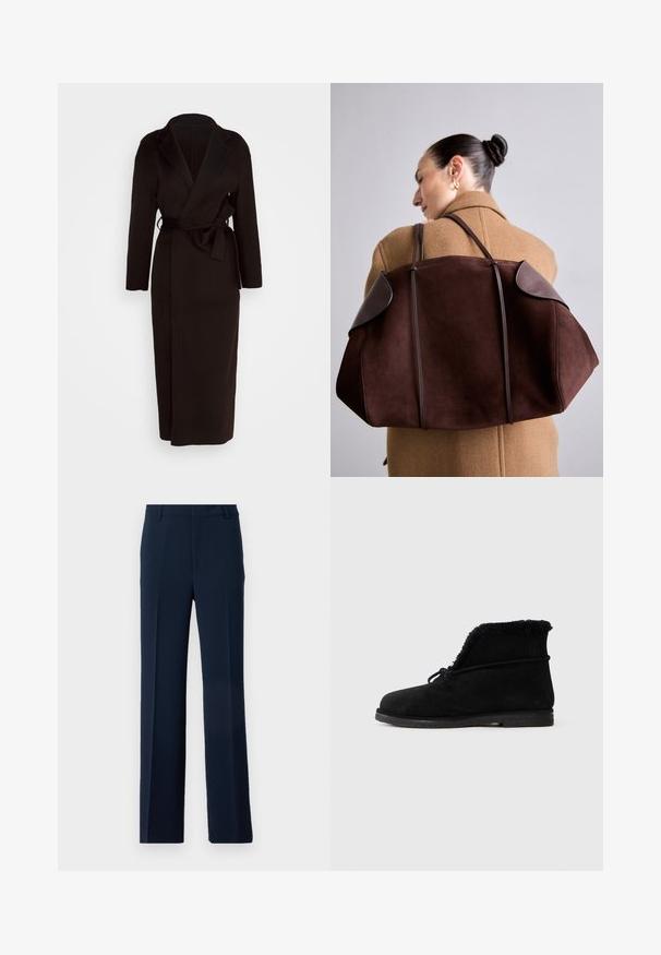 Zwarte wikkeljas van zachte stof, met een sjawlboord, lange mouwen en een zelfstrikriem in de taille. Lange jurk.; Witte lange mouwen shirt van soepel stof, met een kraaglijn en een knoopsluiting met lichtroze knopen.; Marineblauwe broek van glad stoffen, met een recht model, vooraan geplooid en met zijzakken voor een verfijnde uitstraling.; Zwarte suède enkelboot met een zichtbare bontvoering aan de opening en een gestrikt veter om de bovenkant.; Bruine suède handtas met donkere leren accenten, met een gestructureerde vorm en dubbele handvatten, gedragen over de schouder tegen een beige jas.