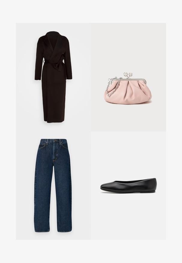 Mustapukuinen kietaisutakki, joka on valmistettu pehmeästä kankaasta. Takissa on saapaskollaari, pitkät hihat ja vyötäröllä itsesolu-vyö. Lattiapituinen malli.; Valkoinen puuvillainen pitkähihaisessa paidassa on terävä kaulus, napitus edessä ja pyöristetty helma. Sujuva tekstuuri, normaali istuvuus ja ei kuvioita.; Rento blue denim farkut, joissa on korkea vyötärö, klassinen viisi-tasku design ja kontrastoivat ompeleet saumoissa.; Paul Smith TOPANGA - Ballerinat - black; Vaaleanpunainen nahkakuuloket pursotettu muotoilun laukku, metallirunko, kaksi pyöreää lukkoa ja hopeaketjuolkaimet. Sileä pinta, kompaktin muotoinen.