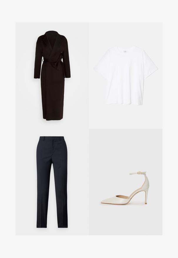 Crni kaput omotan od mekog materijala, s šalom kragnom, dugim rukavima i remenom za vezivanje u struku. Dizajn do poda.; Bijela pamučna majica s kratkim rukavima, okruglim izrezom, opuštenim krojem i šivenim rubom. Etiketa je vidljiva na unutarnjoj strani vrata.; Mornarsko plave krojene hlače ravnog kroja, sa glatkom teksturom, dvije prednje džepove i urednim pojasom.; Bijela kožna visoko potpetica s oštrim vrhom, remenom oko članaka i tankom stiletto potpeticom. Glatka tekstura s blagim sjajnim završetkom.
