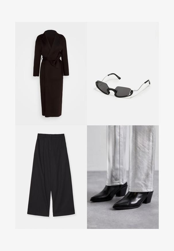 Manteau noir en tissu doux, doté d'un col châle, de manches longues et d'une ceinture à nouer à la taille. Design jusqu'au sol.; T-shirt noir à manches courtes en coton doux, avec un col rond et une texture lisse et uniforme, au design minimaliste.; Pantalons larges noirs en tissu lisse, présentant une taille haute, des plis devant, une fermeture à bouton et une silhouette droite.; Bottes noires en cuir à talon carré et bout pointu, associées à un pantalon argenté brillant, mettant en valeur des textures épurées et des couleurs contrastées.; Lunettes de soleil noires avec une forme de bouclier unique, dotées de verres sombres et de branches fines en métal argenté. Les montures ont des accents arrondis et un design audacieux.