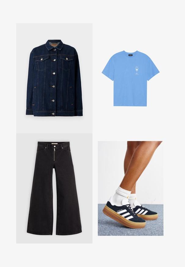 Tume sinine teksajakk, millel on krae, esine nupukinnitus, kaks rinna taskut, küljetaskud ja kontrastsed õmblused.; Heledad sinine puuvillane T-särk ümmarguse kaelusega. Vasakul rinnal on valge palmipuu ja tekst. Lühikesed varrukad.; Laiad teksad mustast denimist, millel on lukuga eesmine osa, viie taskuga disain ja peened õmblusdetailid. Sile tekstuur ja juhuslik stiil.; Mustad seemisnahast tossud valgete triipude ja detailidega, ümarate varbassosadega, kummist välistallaga, paaritatud valgete soonikuliste meessokkidega.