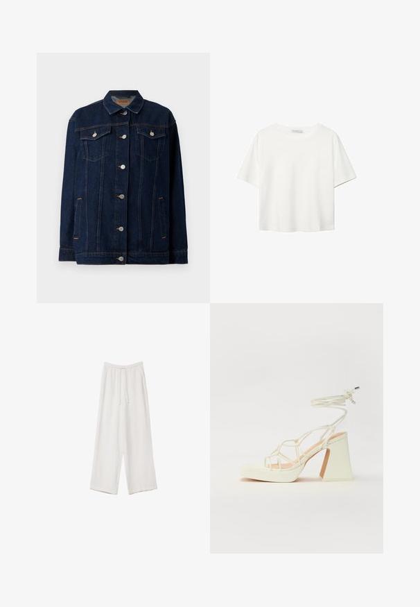 Temno modra jeans jakna s ovratnikom, sprednjim gumbom za zapiranje, dvema žepoma na prsih, stranskima žepoma in kontrastnimi šivi.; Bela kratka majica s kratkimi rokavi iz bombaža. Ima okroglo izrezovanje in sproščen kroj. Gladka tekstura brez vidnih vzorcev ali poudarkov.; Bele široke hlače iz lahkega materiala. Imajo elastičen pas s vrvico in stranske žepe. Gladka tekstura.; Bela sandala na visokih petah s debelim petam, ki ima obliko trakcev in vezanje okoli gležnja. Gladka tekstura z platformo spredaj za dodatno višino.