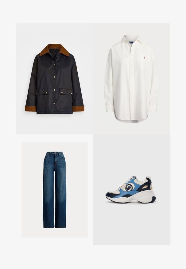 Marine vanntett jakke med brun kordfløyelskrage, trykknapper, to frontlommer og logo detalj på venstre lomme.; Hvit skjorte med knappestolpe laget av bomull, med en brystlomme og lite brodert logo. Løs passform med klassisk krage og lange ermer.; Bredde ben denimjeans i mørkeblå. Har høy midje, knapplukking og klassisk fem-lommers design. Glatt tekstur med subtile falminger.; Hvit, marineblå og lyseblå semsket sneakers med tykk såle og sirkulært brodert logo på siden.