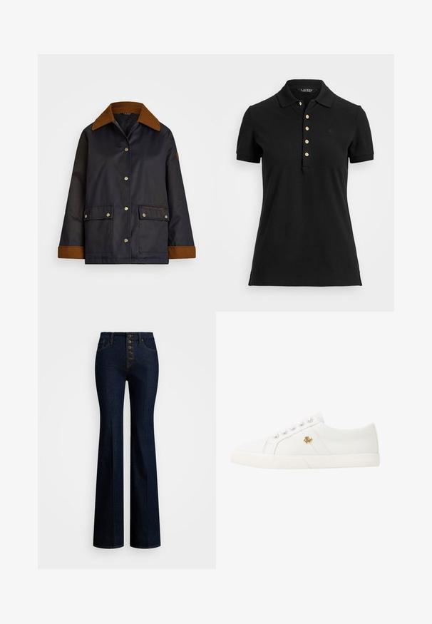 Giacca impermeabile blu navy con colletto in velluto a coste marrone, bottoni a pressione, due tasche frontali e dettaglio del logo sulla tasca sinistra.; Polo shirt nera realizzata in morbido cotone, con colletto, maniche corte e bottoni dorati lungo la placchetta. Dettaglio del logo piccolo sul petto.; Jeans a vita alta a campana in denim scuro con chiusura a cinque bottoni, cuciture gialle a contrasto e una superficie liscia.; Lauren Ralph Lauren JANSON II CANVAS SNEAKER - Sneakers basse - optic white