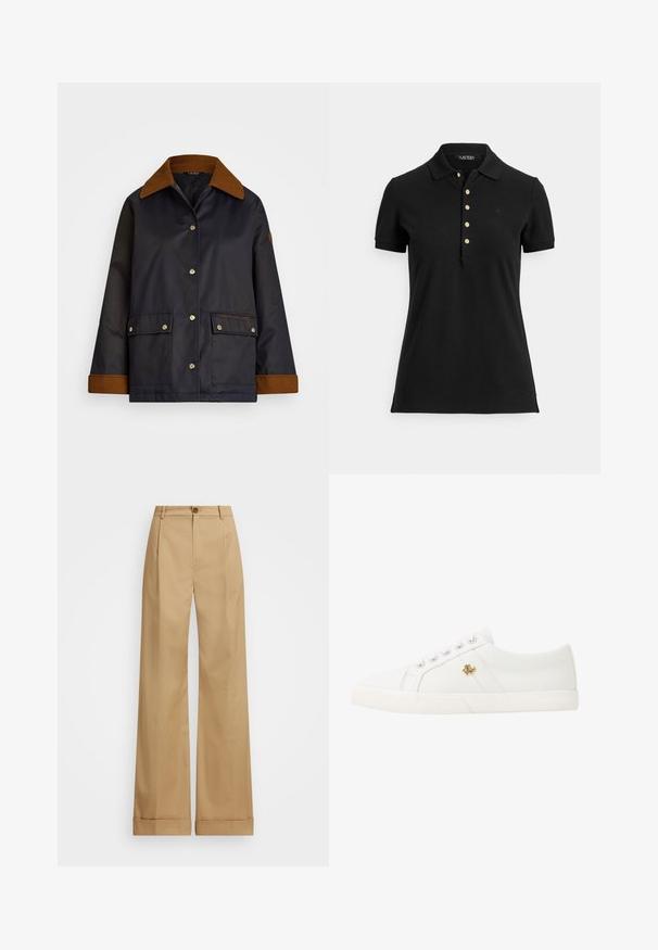 Jūrininkų nepralaidžiosios striukės, su rudų veliūro apykakle, spaustukų sagomis, dviem priekiniais kišenėmis ir logotipu kairėje kišenėje.; Juoda polo marškinėliai iš tekstūruotos medžiagos, turintys apykaklę, trumpas rankoves ir apatinę dalį su auksiniais mygtukais. Švelnus logotipo detalė ant krūtinės.; Šviesiai rudos plačios kojinės kelnės su mygtuko uždarymu, pasižyminčios lygia medžiaga ir prispaustomis raukšlėmis. Kantai yra su apvadu, suteikiančiu papildomą detalę.; Lauren Ralph Lauren JANSON II CANVAS SNEAKER - Sportbačiai - optic white