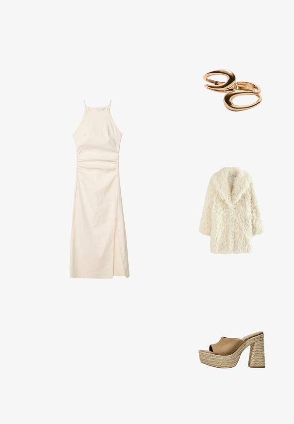 Faux-Fur-Mantel in Creme mit einer weichen, strukturierten Oberfläche. Verfügt über einen breiten Kragen und fallende Schultern, die eine lockere, oversized Silhouette bieten.; Stradivarius HALTER - Etuikleid - stone; Braune Wildleder-Plateau-Sandalen mit offenem Zeh, ausgestattet mit einem chunky geflochtenen Jute-Absatz und einem glatten, abgerundeten Oberdesign.; Goldfarbene Metallohrringe mit einem verbundenen, abstrakten Ovaldesign, das eine polierte Oberfläche und offene Ausschnittakzente aufweist.