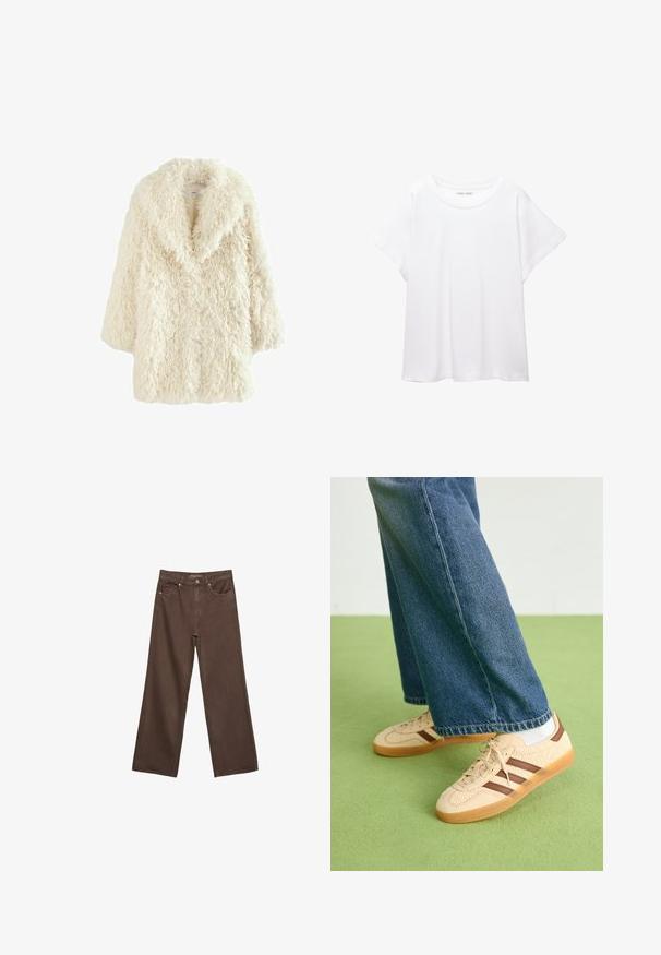 Faux fur-kappa i kräm med en mjuk, texturerad yta. Har en bred krage och sänkt axelparti, vilket ger en lös, oversized silhuett.; Vit t-shirt som är gjord av mjukt, lätt tyg. Har en rund halsringning och korta, vida ärmar med en avslappnad passform. Inga synliga mönster.; Breda bruna jeans i denim med hög midja, framfickor och klassisk knäppning. Slät textur med subtil sömnad.; Beiga sneakers med strukturerade krämfärgade paneler och bruna ränder, i kombination med blå denimjeans. Jeansarna har vida ben och fransad fåll.