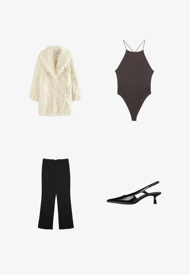 Manteau en fausse fourrure crème avec une finition douce et texturée. Présente un large col et des épaules tombantes, offrant une silhouette ample et surdimensionnée.; Maillot de bain une pièce marron à col montant avec des bretelles fines et réglables ; présente une jambe haute et une texture lisse. Aucun motif ni embellissement.; Pantalon noir avec une coupe droite, doté de poches avant et d'éclairs sur l'ourlet. Fabriqué en tissu doux et lisse. Convient à diverses occasions.; Escarpins slingback en cuir verni noir avec un bout pointu, un design découpé sur les côtés et un petit talon carré. Texture lisse avec des accents minimaux.