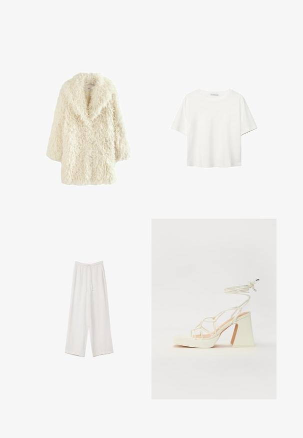 Kavna bunda iz umetnega krzna v kremni barvi z mehkim, teksturiranim zaključkom. Ima širok ovratnik in spuščena ramena, kar zagotavlja ohlapen, prevelik silhuet.; Bela kratka majica s kratkimi rokavi iz bombaža. Ima okroglo izrezovanje in sproščen kroj. Gladka tekstura brez vidnih vzorcev ali poudarkov.; Bele široke hlače iz lahkega materiala. Imajo elastičen pas s vrvico in stranske žepe. Gladka tekstura.; Bela sandala na visokih petah s debelim petam, ki ima obliko trakcev in vezanje okoli gležnja. Gladka tekstura z platformo spredaj za dodatno višino.
