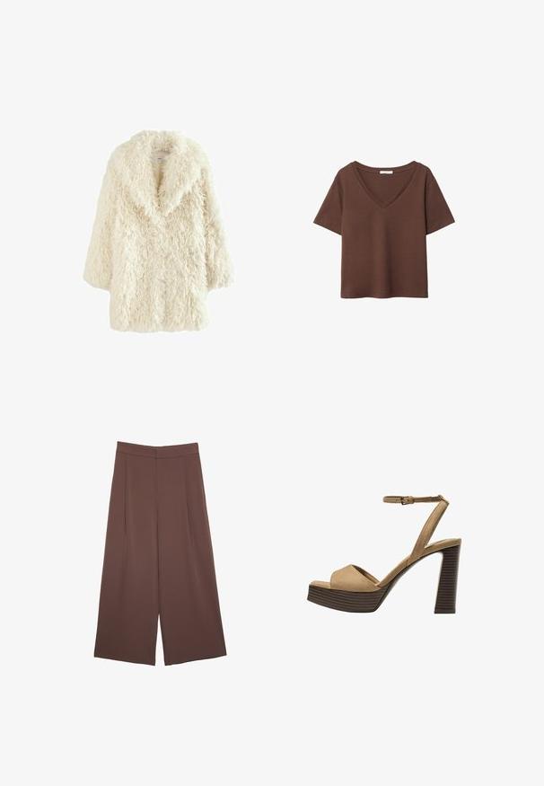 Krémový kabát z umělé kožešiny s jemným texturovaným povrchem. Disponuje širokým límcem a spadlými rameny, což vytváří volný, oversized siluetu.; Hnědý bavlněný tričko s krátkými rukávy a hlubokým V-výstřihem. Jednoduchý design, měkká textura a rovný lem. Žádné vzory ani akcenty.; Hnědé široké kalhoty s hladkou texturou, vysokým pasem a předními záhyby. Materiál je lehký a volně splývá.; Bežové semišové sandály na vysokém podpatku s širokým předním páskem a páskem kolem kotníku, s masivním dřevěným blokovým podpatkem s texturovaným povrchem.