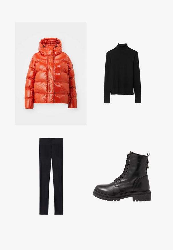 Rote Daunenjacke mit glanzender Oberfläche, ausgestattet mit einem Reißverschluss vorne, einer Kapuze und einem gesteppten Muster. Leicht und isoliert.; Schwarzer Rollkragenpullover aus weichem Strickstoff. Mit langen Ärmeln und einer engen Passform sowie einem geraden Saum.; Schwarze Leggings aus dehnbarem Material; mit glatter Textur, ganzlänglichem Design und elastischem Bund ohne sichtbare Nähte.; Schwarze Leder-Stiefelette mit runder Zehenpartie, Schnürung vorne und strukturiertem Gummi-Sohle. Verfügt über eine Zuglasche hinten und verstärkte Nähte.