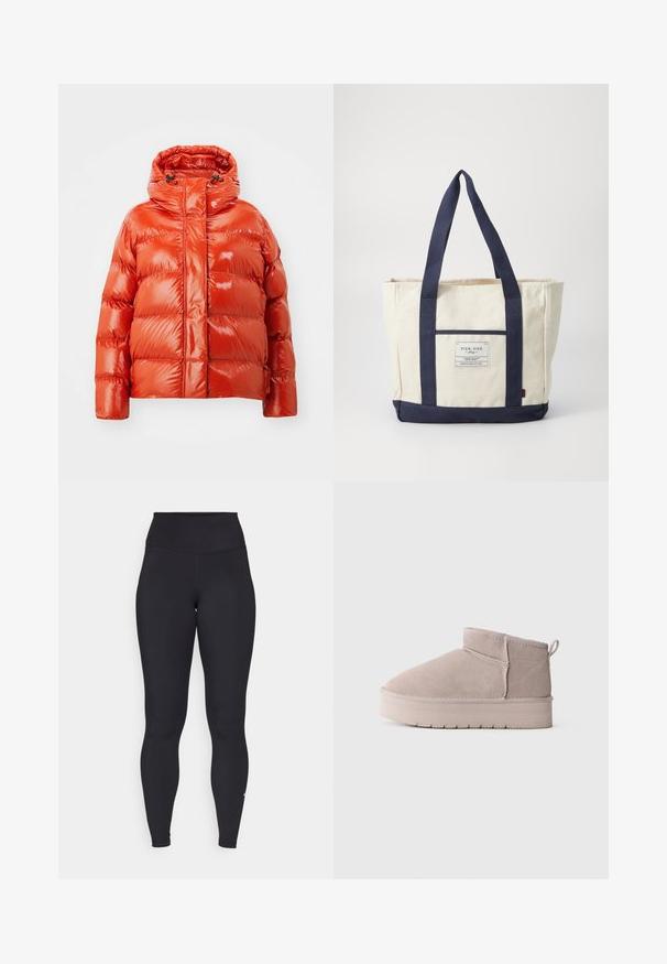 Punane puhvisjope läikiva viimistlusega, esiosa tõmbluku, kapuutsi ja tikandiga mustriga. Kerge ja soojustatud disain.; Mustavööne, pika varrukaga kõrge kaelusega T-särk, mis on valmistatud ribakanga materjalist, omab sobivat disaini ja ei sisalda mustreid ega aksessuaare.; Mustad kõrgvöödiga retuusid, mis on valmistatud venivast ja siledast kangast. Omab keha lähedast siluetti ning logoaaktsenti pahkluul.; Madala lõikega beež suede talvesaabas paksu tallaga ja taga tõmberaiga, valgel taustal, külgprofilees.; Kreemist kangast kott tumesiniste käepidemete ja põhjaga. Omab esikülje taskut ja sildi, kus on kirjas "PIER ONE". Tugev disain.