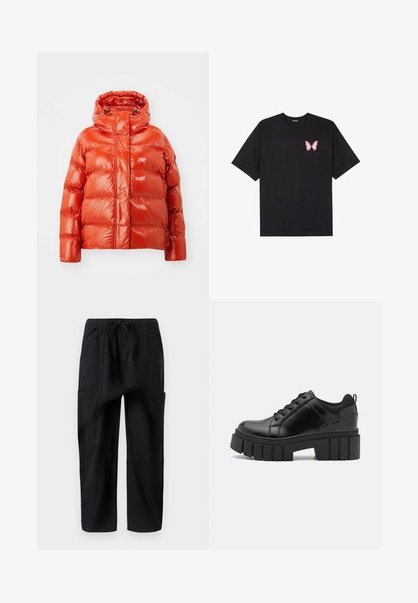 Sarkans pūkains mētelis ar spīdīgu apdari, ar priekšējo rāvējslēdzēju, kapuci un quilted rakstu. Viegls un siltuma noturības dizains.; Melna kokvilnas T-krekls ar īsām piedurknēm, kuram priekšā kreisajā pusē ir neliels rozā tauriņa grafiskais attēls. Ar apaļu kaklu un brīvā stila piegriezumu.; Melnas kokvilnas kravas bikses ar brīvu piegriezumu, kurām ir elastīga jostasvieta un vairākas sānu kabatas papildu funkcionalitātei.; Melnas ādas platformas kurpes ar masīvu bloku papēdi, apaļu purngalu un tradicionālu saistīšanas dizainu. Izceļas ar gludu tekstūru un minimālu apdari.