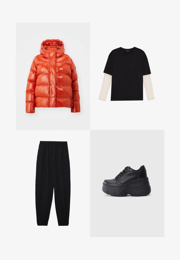 Červená puffová bunda s lesklým povrchom, obsahujúca predný zips, kapucňu a prešívaný vzor. Ľahký a zateplený dizajn.; Čierne tričko z bavlny, s krátkymi rukávmi cez biele tričko s dlhým rukávom, s jemným textúrovaným vzorom. Design s okrúhlym výstrihom.; Čierne, ľahké nohavice s elastickým pásom a zúženými nohavicami. Tkanina je hladká a má voľný, zúžený strih.; Čierne šnurovacie tenisky s hrubou podrážkou, s hladkým koženým zvrškom, okrúhlou špičkou a charakteristickým vrstveným dizajnom platformy.