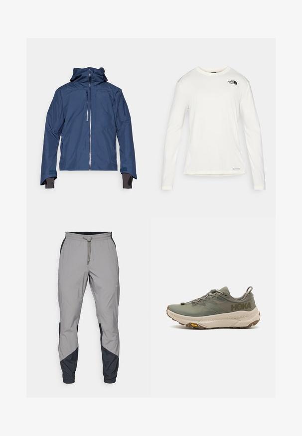 Norrøna LOFOTEN GORE-TEX INSULATED JACKET - Suusajakk - indigo night; Valge pika varrukaga särk ümmarguse kaelusega, tekstuuriga kangas, must logo vasakul õlal ja peen bränding alt. ; Kergedatud hallid sportlikud püksid mustade aktsentidega. Elastne vöökoht, stringiga sulgemine, kitsenev jala disain ja küljetaskud.; Roheline Hoka jooksuvariant Gore-Tex ülaserva, tekstuursete aksentidega, elastsete paeltega ning paksu beezise välispinnaga, millel on Vibrami logo.