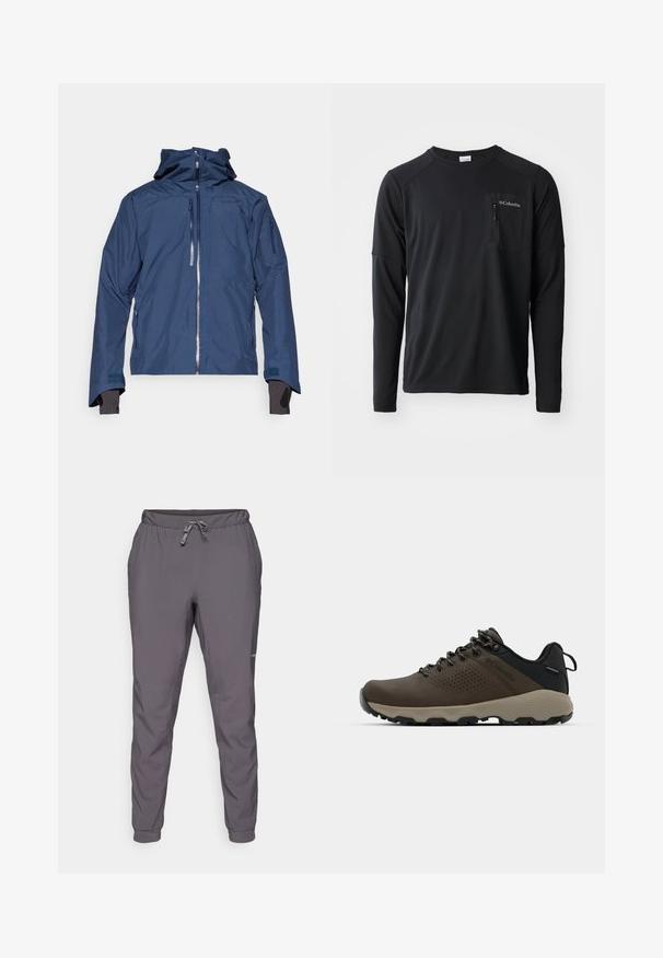 Norrøna LOFOTEN GORE-TEX INSULATED JACKET - Sídzseki - indigo night; Columbia COLUMBIA TECH™ LONG SLEEVE CREW - Hosszú ujjú felső - black; Szürke, könnyű, elasztikus derékú nadrág állítható zsinórral; szűkített lábak; sima textúra; oldalon logó részlet található.; Barna vízálló sportcipők texturált felsőrésszel, perforált díszítésekkel, fekete saroktámasszal és szürke gumi talppal. A cipőfűzők fém végződésekkel vannak ellátva.