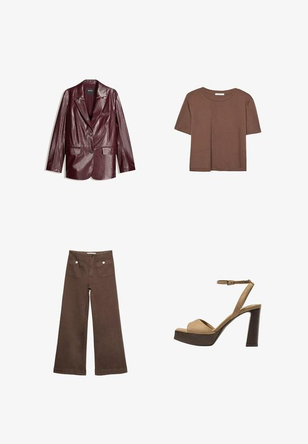Burgundská umelá kožená sako s hladkým povrchom, zapínanie na jeden gombík, ostré chlopne a dve predné vrecká.; Hnedé tričko s krátkym rukávom vyrobené z jemného materiálu, s okrúhlym výstrihom a voľným strihom. Žiadne viditeľné vzory ani akcenty.; Hnedé široké nohavice vyrobené z bavlny, s dvoma prednými vreckami so striebornými gombíkmi a hladkou textúrou.; Bežové semišové sandále na vysokom opätku s širokým predným pásom a pásikom okolo členka, ktoré majú masívny drevený blokový opätok s textúrovaným povrchom.