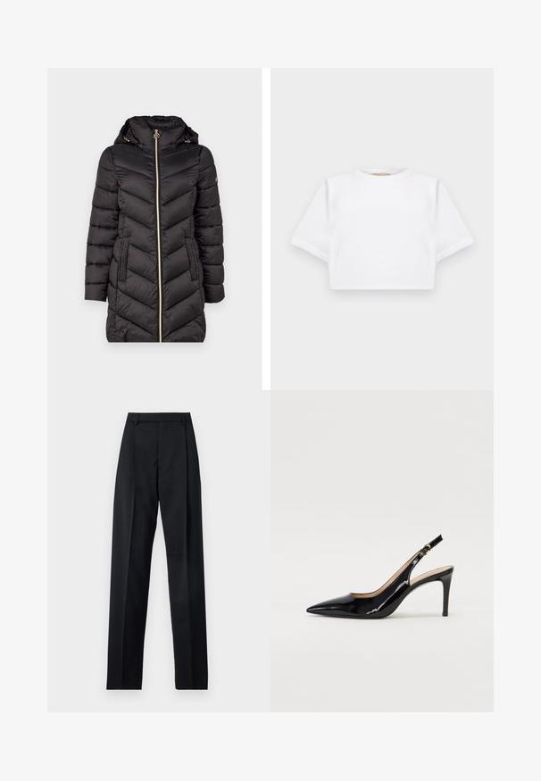 Melna izšūta pūk-parka jaka ar augstu apkakli, zeltainu rāvējslīvi un divām sānu kabatām. Iezīmējas ar ševronu šuvēm un noņemamu kapuci.; Izgriezta balta T-krekla no mīksta auduma, ar īsām piedurknēm, apaļu apkakli un ribota apakšmala. Vienkāršs un neizpušķots dizains.; Melnas bikses, izgatavotas no gludas auduma, ar augstu vidukli, platiem bikšu galdniekiem, priekšējiem krokām un klasiskām jostu cilpām. Sānu kabatas nav redzamas.; Melnas lakotās ādas slingback kurpes ar izteiktu degunu, šauru papēdi un smalku izgriezumu dizainu. Siksniņai ir zelta sprādze.