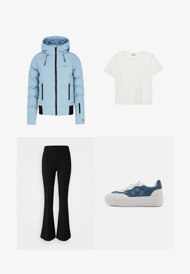 Giacca isolante azzurra chiara con chiusura a zip frontale, dettagli neri, cappuccio regolabile e due tasche laterali. Realizzata in materiale impermeabile.; T-shirt bianco a maniche corte realizzato in morbido cotone. Presenta un collo rotondo e una vestibilità comoda. Design pulito senza modelli o dettagli visibili.; Pantaloni neri a zampa d'elefante realizzati in un materiale elastico con una texture liscia, caratterizzati da dettagli delle cuciture lungo la parte anteriore per un tocco di design in più.; Sneakers in denim con suola in gomma bianca, superiore blu testurizzato con motivi del logo e lacci bianchi. Accenti blu sul tallone e sulla linguetta.
