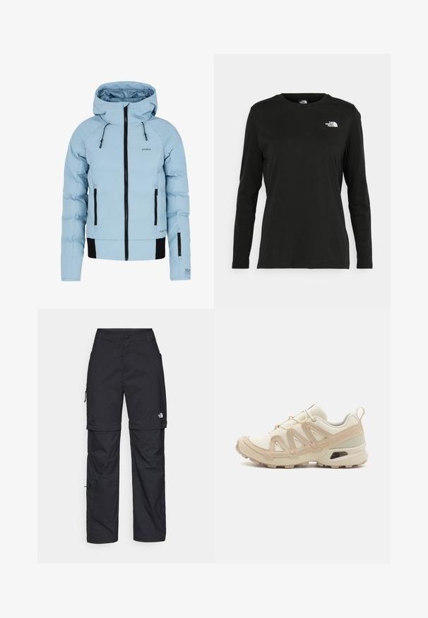 Svijetloplava izolirana jakna s patentnim zatvaračem sprijeda, crnim naglascima, podesivim kapuljačom i dva bočna džepa. Izrađena od vodootpornog materijala.; Crni dugih rukava majica od pamuka s okruglim izrezom. Ima mali bijeli logo na lijevoj strani prsnog područja. Jednostavan dizajn i kroj.; Crne najlon hlače s munjevim zatvaranjem, odvojive cargo hlače s podesivim manžetama, brojnim džepovima i logom na desnoj nozi. Glatka, lagana tekstura.; Bež i kremasti sportski tenisice s teksturiranim mrežastim gornjim dijelom, potpornih preklopa i gumeni potplat s uzorcima za prianjanje.