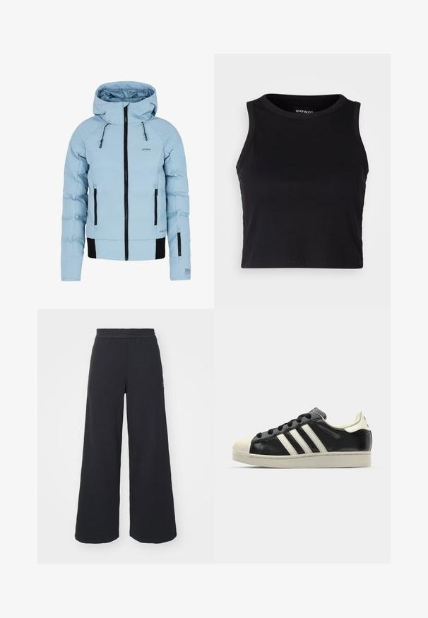 Chaqueta aislante azul claro con cierre frontal, acentos negros, capucha ajustable y dos bolsillos laterales. Fabricada con material impermeable.; Top corto negro de canalé con cuello redondo y diseño sin mangas. Fabricado en una tela suave y elástica, cuenta con bordes limpios y rematados.; Pantalones de chándal negros de pierna ancha, hechos de una tela suave, con una cintura elástica y un pequeño logo en el lado izquierdo.; Zapatilla de cuero negro con rayas blancas, puntera de goma, cordones negros y suela color crema. Textura suave con acabado brillante.