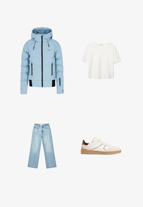 Vaaleansininen eristetty takki, jossa on vetoketjullinen etuosa, mustat yksityiskohdat, säädettävä huppu ja kaksi sivutaskua. Valmistettu vedenpitävästä materiaalista.; Valkoinen lyhythihainen T-paita, joka on tehty puuvillasta. Siinä on pyöreä kaula-aukko ja rento malli. Silkkinen pinta ilman näkyviä kuvioita tai koristeita.; Vaaleansiniset leveälahkeiset farkut korkealla vyötäröllä, joissa on haalistunut pesu ja pieniä, satunnaisia kulumisia ympäriinsä.; Stradivarius Matalavartiset tennarit - white