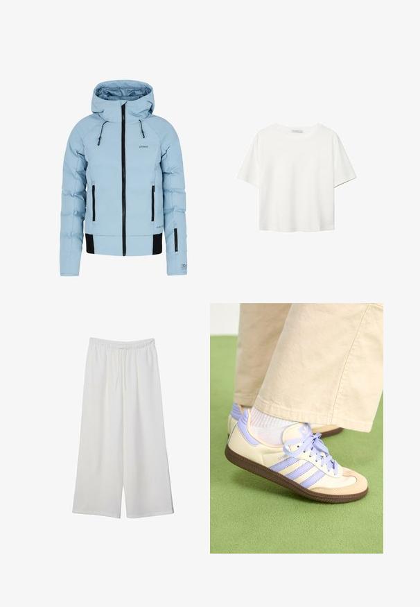 Jasnoniebieska kurtka ocieplana z zamkiem błyskawicznym z przodu, czarnymi akcentami, regulowanym kapturem i dwiema bocznymi kieszeniami. Wykonana z wodoodpornego materiału.; Biała koszulka z krótkim rękawem, wykonana z bawełny. Posiada okrągły dekolt i luźny krój. Gładka faktura bez widocznych wzorów czy akcentów.; Białe szerokie spodnie wykonane z lekkiego materiału, z elastyczną talią i sznurkiem do regulacji fasonu. Gładka tekstura.; Kremowe i lawendowe trampki z trzema paskami oraz teksturowaną brązową podeszwą, wyposażone w sznurówki i wyścieloną piętę. Górna część z miękkiego materiału.
